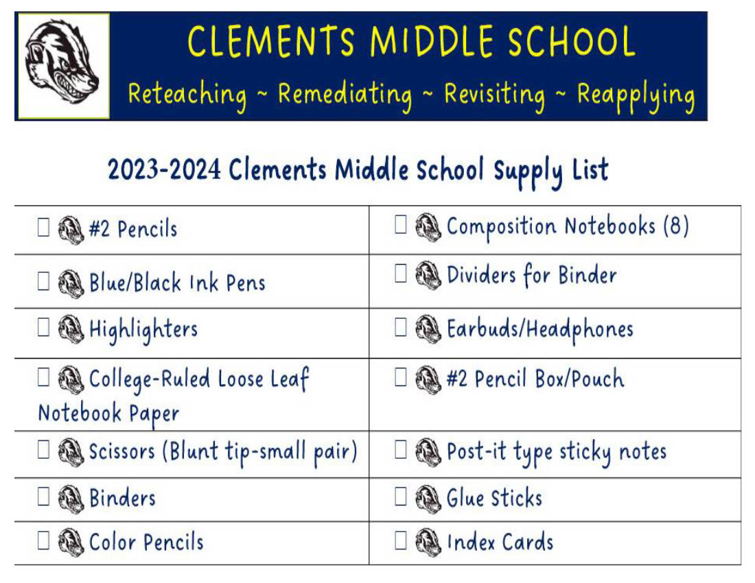 Supply List Clements Middle School